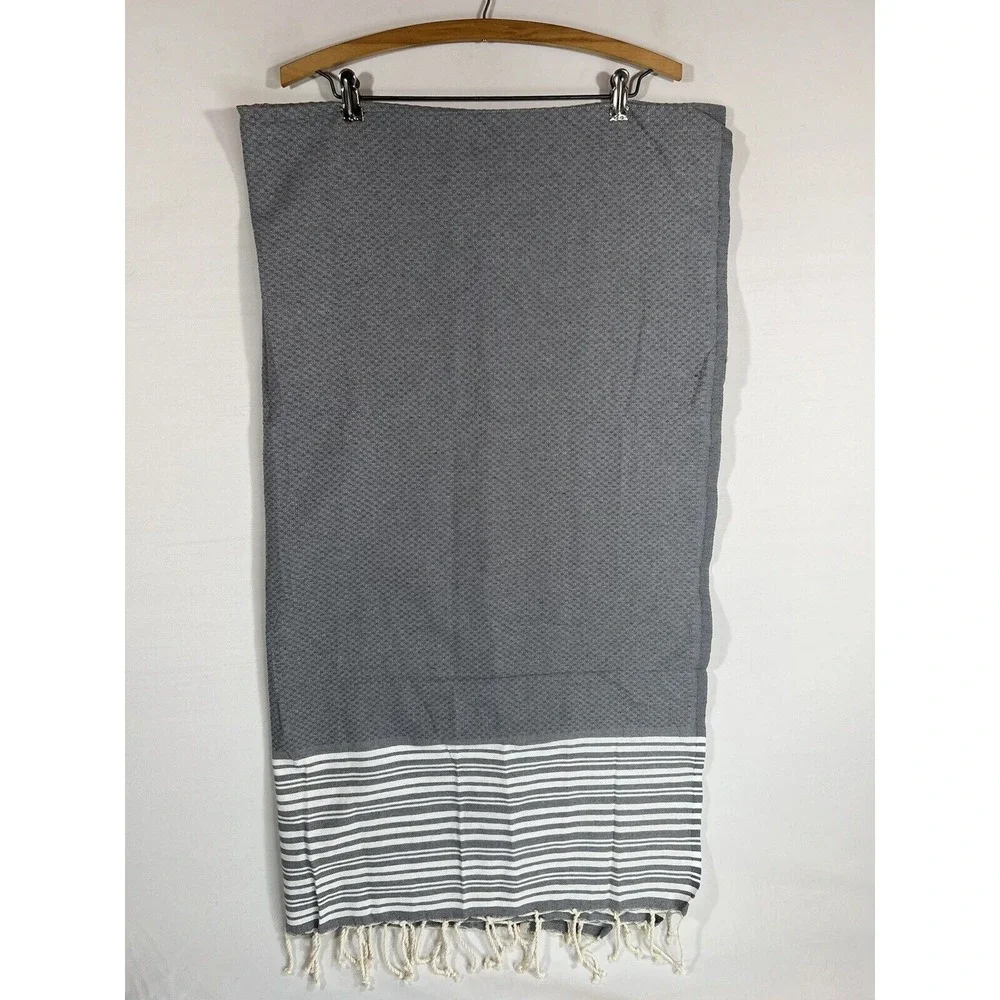 Williams Sonoma Table Runner Gray Stripe Linen Fringe Minimalist Coastal Decor